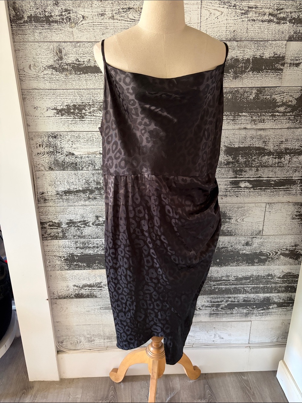 SHEIN shiny Satin Leopard Slip Dress in Charcoal Black